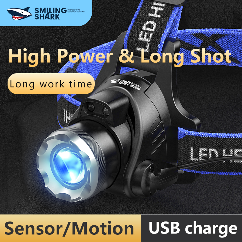 Smiling Shark Headlamp Rechargeable - 2000 Lumen LED USB Rechargeable Headlight with Sensor Motion Function - IPX8 Waterproof Head Lamp Super Bright Flashlight Beam - Hiking & Outdoor Camping