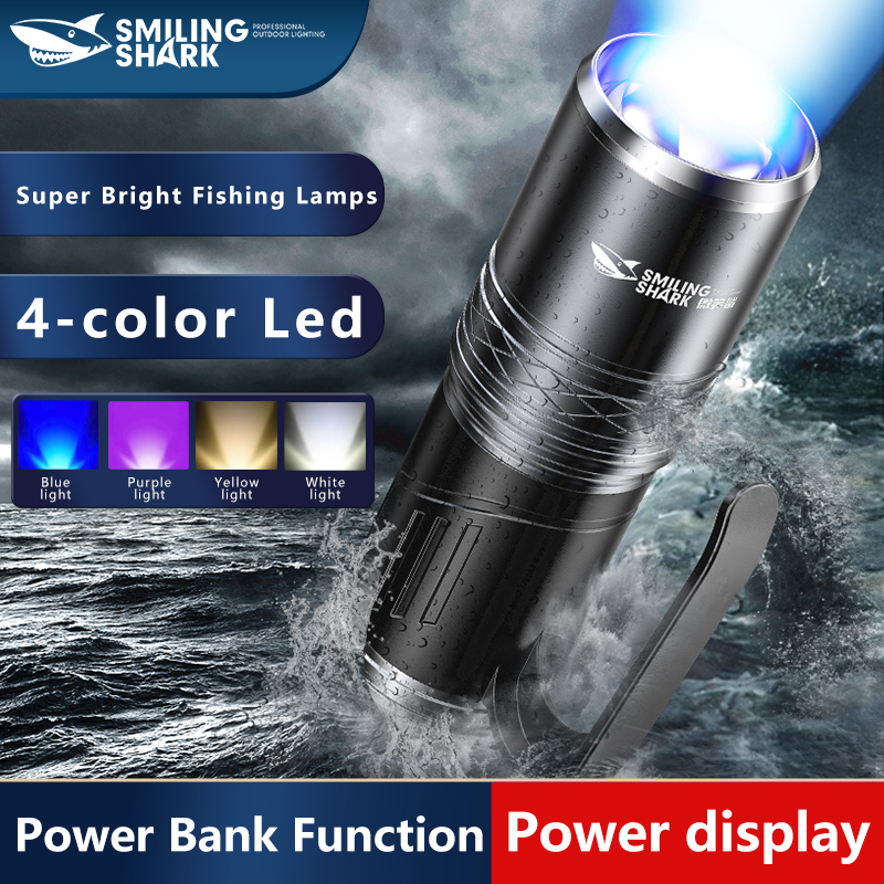 Smiling Shark Led Fishing Lamps, 4 Color Led Rechargeable Fishing Lights, USB Flashlight with Power Bank for Outdoor Fishing, Camping, Emergency