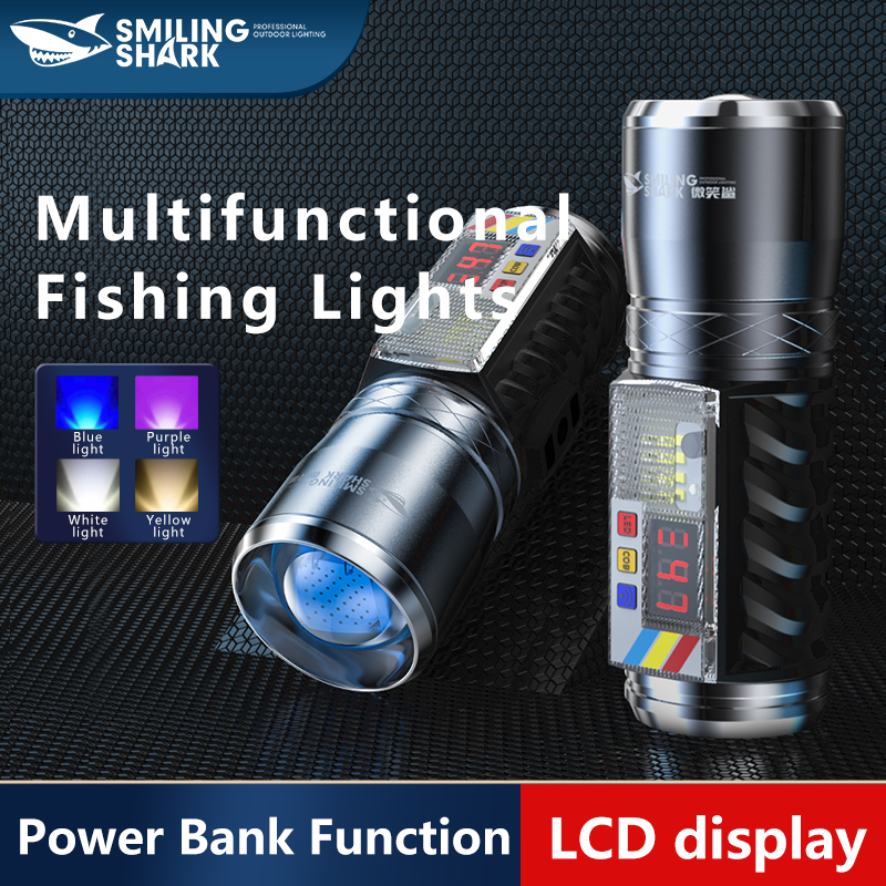 Smiling Shark Led Fishing Flashlight, 4 Color Led Rechargeable Flashlight with Motion/Sensor Switch & Power Bank Fuction, Waterproof Flashlight for Fishing at Night