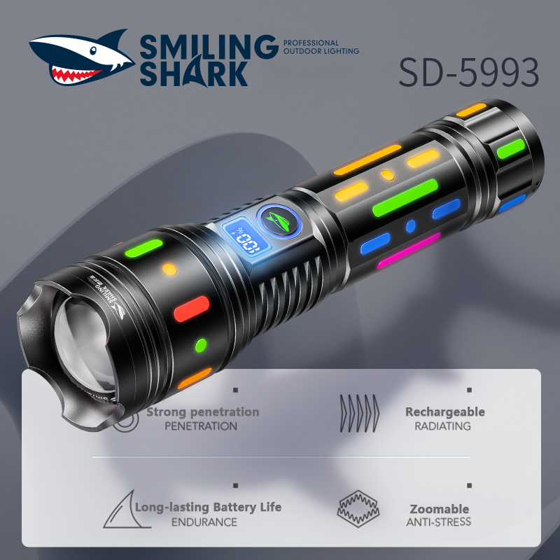 Smiling Shark Rechargeable LED Flashlights High Lumens, 90000 Lumens Super Bright Zoomable Waterproof Flashlight with Batteries Included & 5 Modes, Powerful Handheld Flashlight for Camping Emergen