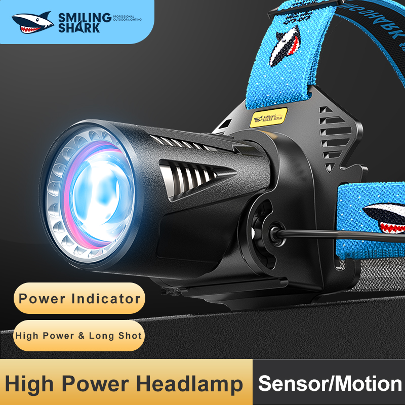  Smiling Shark Led Headlamp, USB Rechargeable Headlight with Red Warning Lights, Led Sensor/Motion Head Lamp with Power Bank Function for Camping, Hiking, Cycling, Emergency