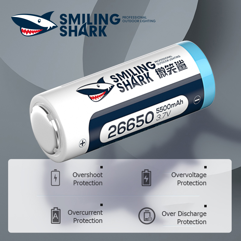 Smiling Shark 26650 Rechargeable Battery, 3.7V Lithium Battery, Li-ion Rechargeable Batteries, 5500mAh Large Capacity 26650 Batteries for Flashlight 2-Pack